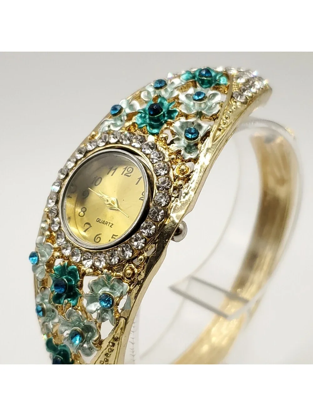 Crystal Floral Watch Women 25mm Gold Tone Green Blue Gold Tone Bangle New Batter